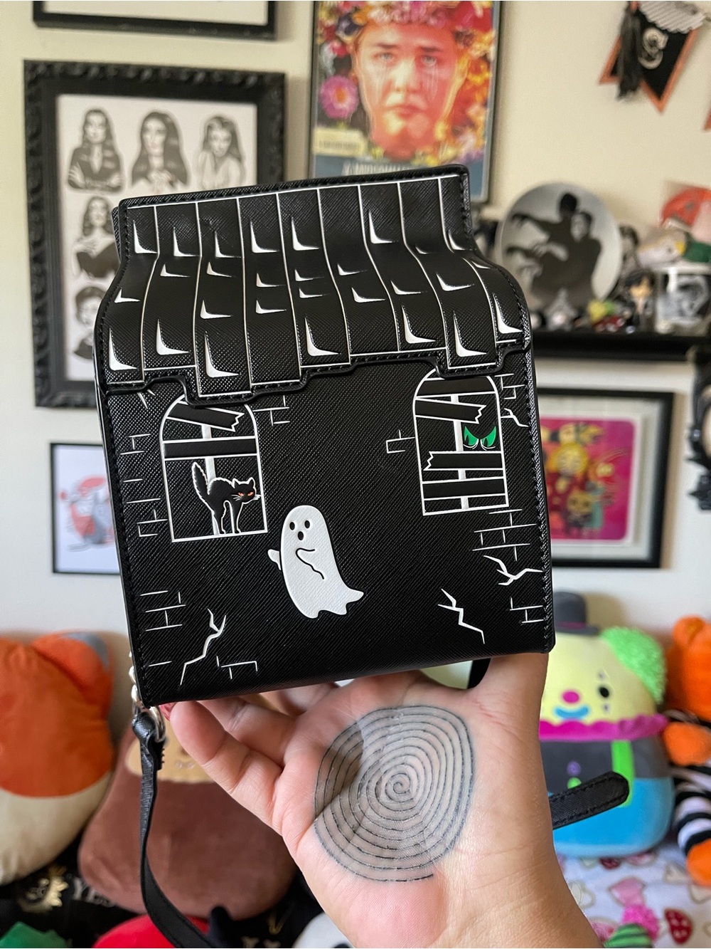 Black Haunted House Crossbody Bag with Ghost Graphic